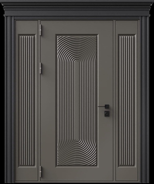 Входная термодверь с металлофиленкой, вставками по бокам, карнизом и порошковым напылением RAL 7022 (тип №3)